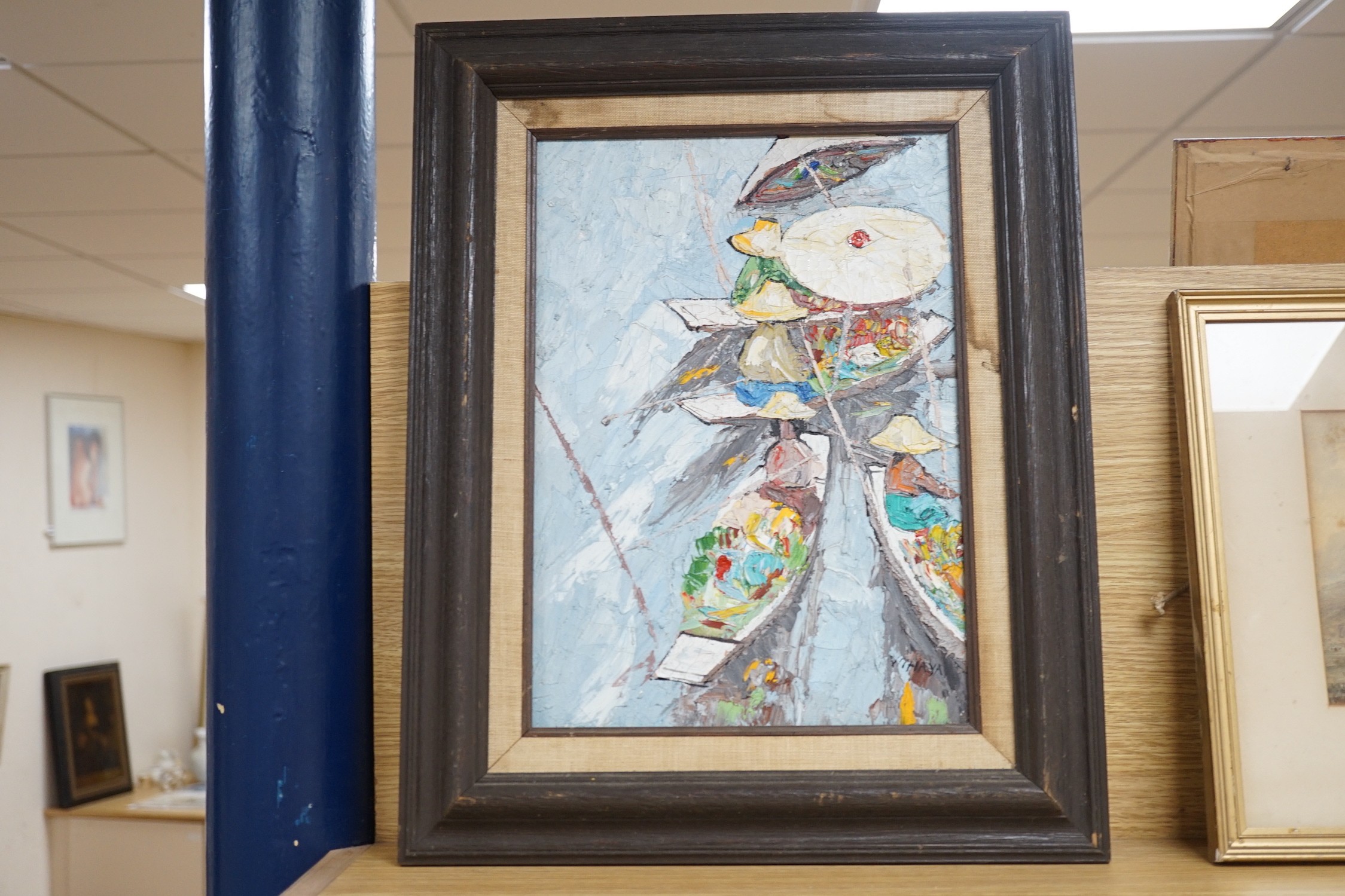 Thai School, oil on canvas, 'Asian water market', signed Vithaya, 34 x 24cm